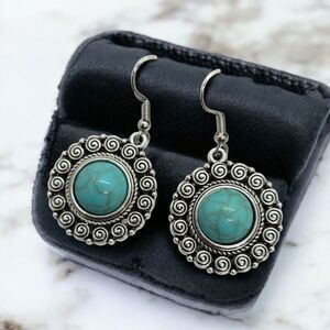 Western Turquoise Bead Silver Filagree Dangle Earrings Bohemian Tribal Jewelry